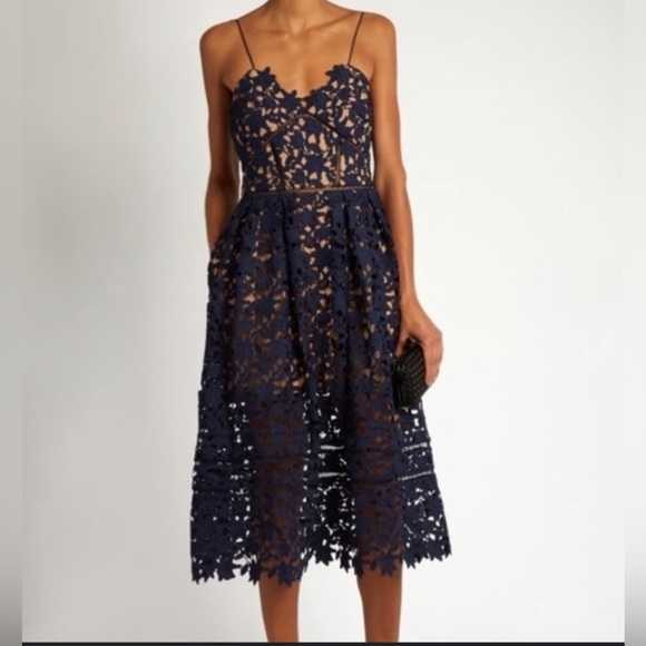 The Clothing Co ELEGANT NAVY BLUE LACE ANKLE-LENGTH MIDI DRESS Medium​ - Picture 7 of 15